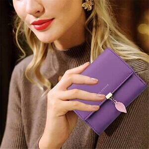 RFID Purple Wallet Leaf Card Holder Trifold Ladies Wallet with Zipper Pocket